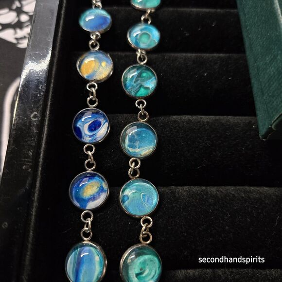 Blue Green Swirled Abstract Marbled Artisan Silver Tone Cabochon Bracelet/Anklet - Picture 5 of 6